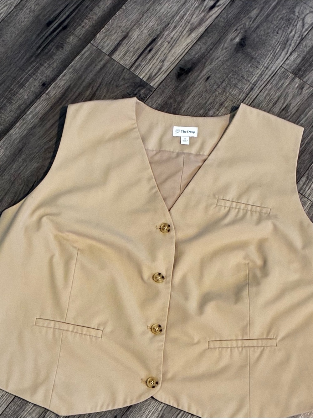 The Drop Women's Beige Tailored V-Neck Button Vest